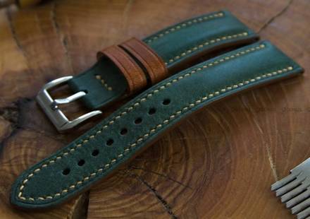 Pasek skórzany ręcznie robiony A. Kucharski Leather - Conceria Il Ponte Maya Double - darkgreen/camel 26 mm