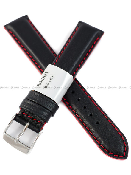 Pasek skórzany do zegarka - Rochet Neptune 7230651 - 18 mm - Czarny czerwone przyszycie