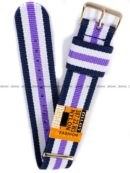 Nylonowy pasek do zegarka Diloy 387.22.W3, 22 mm, Biały, Granatowy, Fioletowy