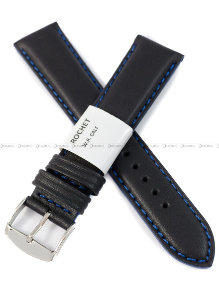 Pasek skórzany do zegarka - Rochet Neptune 7230761 - 20 mm - Czarny niebieskie przyszycie