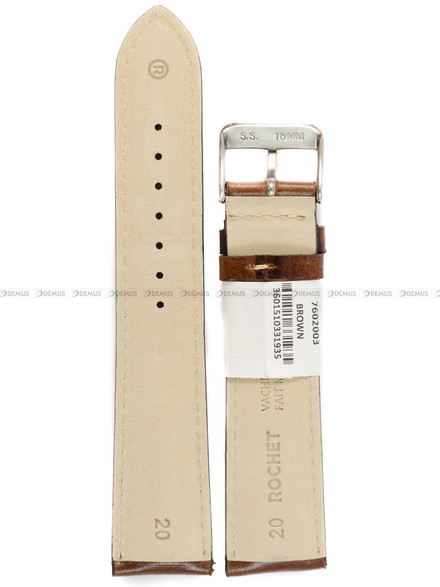 Pasek skórzany do zegarka - Rochet Colorado 7602003 - 20 mm - Brązowy beżowe przyszycie