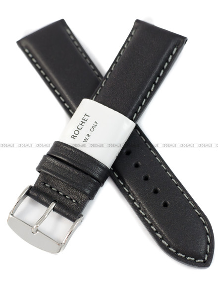 Pasek skórzany do zegarka - Rochet Neptune 7230821 - 22 mm - Czarny szare przyszycie