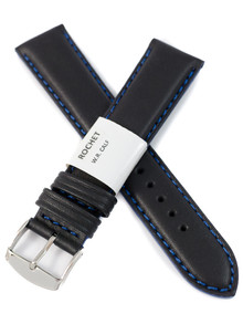 Pasek skórzany do zegarka - Rochet Neptune 7230761 - 20 mm - Czarny niebieskie przyszycie