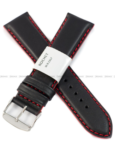Pasek skórzany do zegarka - Rochet Neptune 7230851 - 22 mm - Czarny czerwone przyszycie