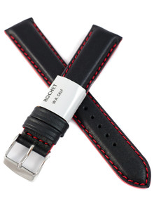 Pasek skórzany do zegarka - Rochet Neptune 7230651 - 18 mm - Czarny czerwone przyszycie
