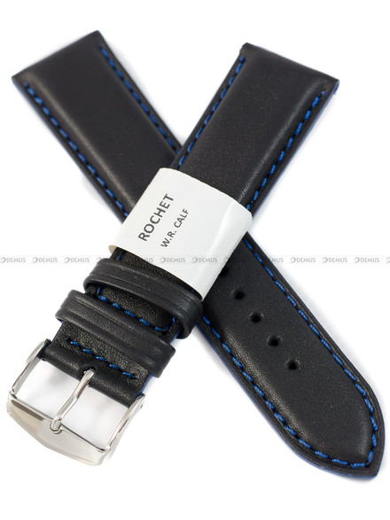 Pasek skórzany do zegarka - Rochet Neptune 7230861 - 22 mm - Czarny niebieskie przyszycie