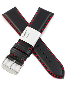 Pasek skórzany do zegarka - Rochet Neptune 7230851 - 22 mm - Czarny czerwone przyszycie