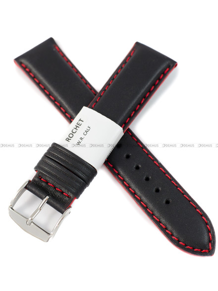 Pasek skórzany do zegarka - Rochet Neptune 7230751 - 20 mm - Czarny czerwone przyszycie