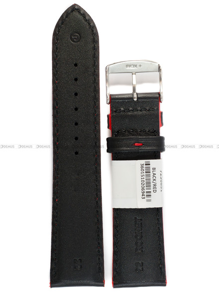 Pasek skórzany do zegarka - Rochet Neptune 7230851 - 22 mm - Czarny czerwone przyszycie