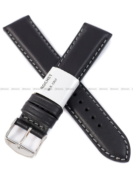 Pasek skórzany do zegarka - Rochet Neptune 7230721 - 20 mm - Czarny szare przyszycie