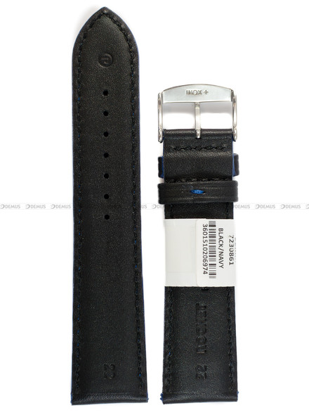 Pasek skórzany do zegarka - Rochet Neptune 7230861 - 22 mm - Czarny niebieskie przyszycie