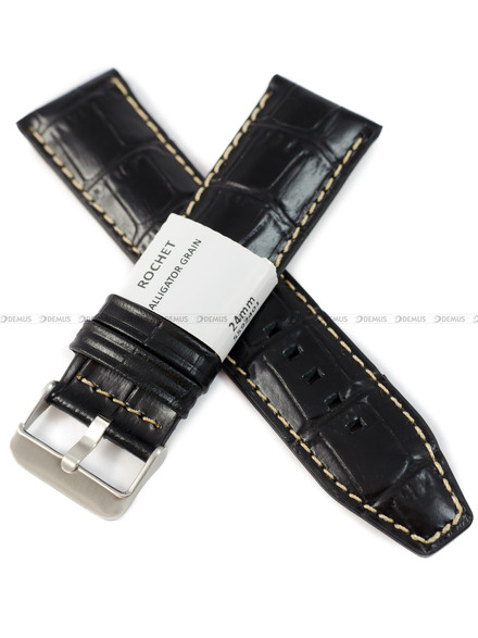 Pasek skórzany do zegarka - Rochet Indiana 5592401 - 22 mm - Czarny białe przyszycie